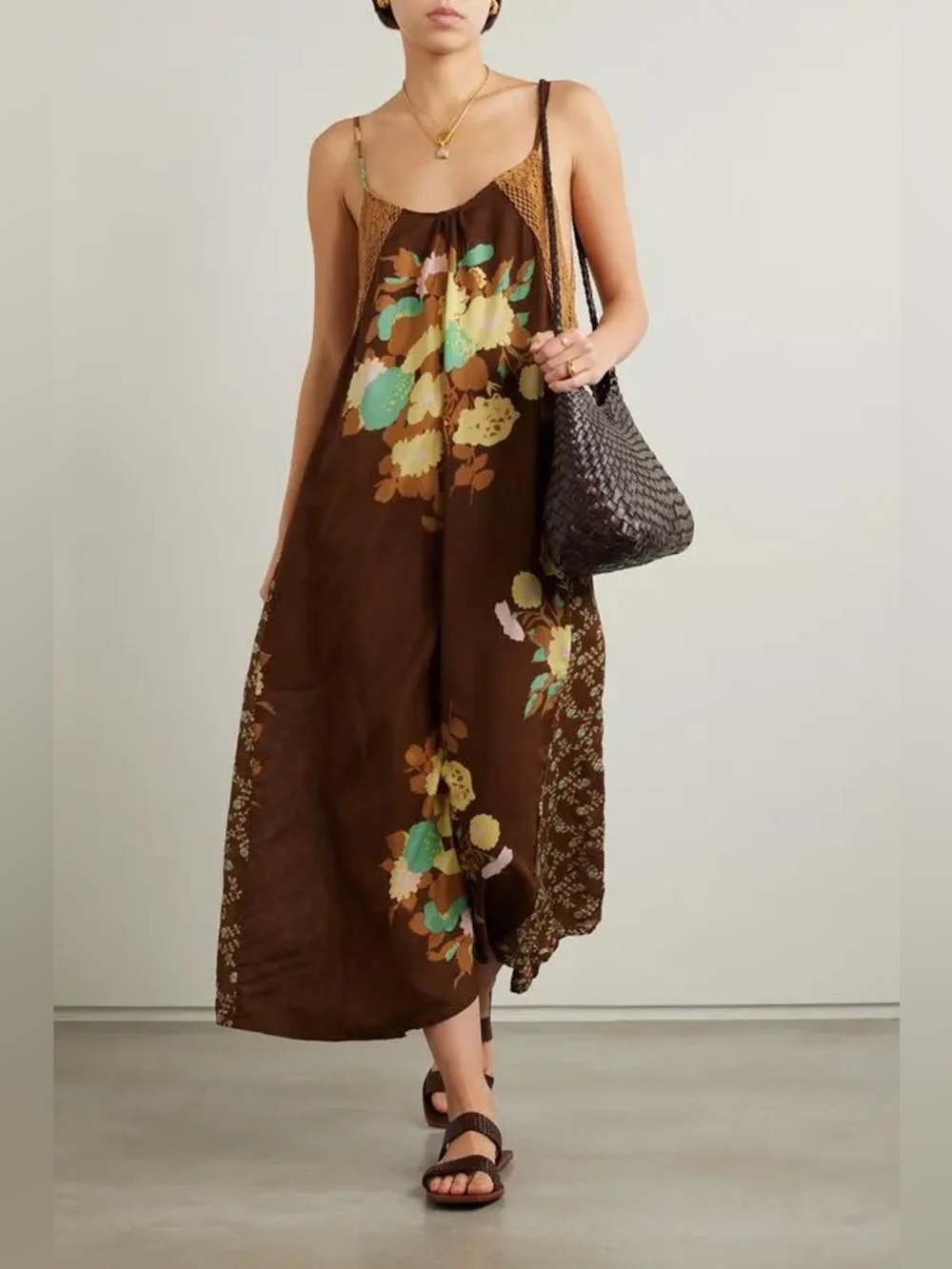 Yvonne S Slip Lace Cotton Dress Sleeveless Floral Brown Size Medium